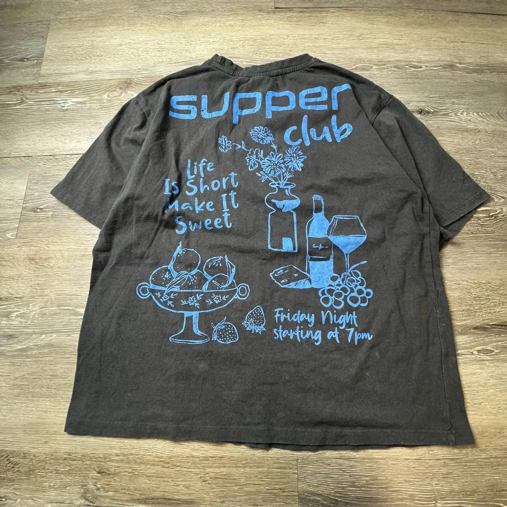 Recycled Threads Supper Club T-Shirt Mens L Black Blue Graphic Tee Wine Foodie